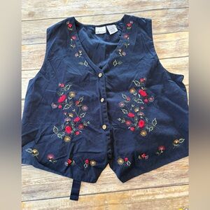 Vintage 90s Bobbie Brooks Navy Floral Embroidered Vest